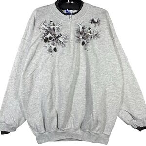 VINTAGE 90s Bird Print Sweatshirt Men's 2XL Pullover Half Zip Graphic Fleece